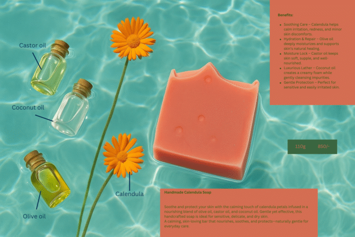 A bar of handmade calendula soap on a blue water-like background, surrounded by fresh calendula flowers and small bottles of castor, coconut, and olive oil , Handmade Calendula Soap