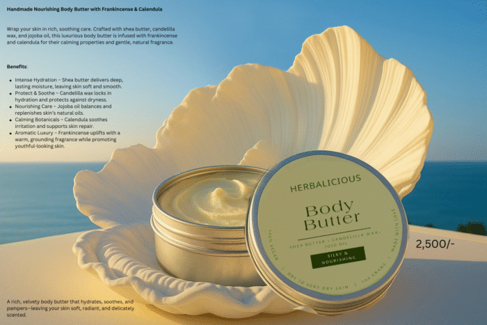 An open tin of Herbalicious Body Butter nestled in a large white seashell, with a calm ocean in the background, showcasing its creamy texture. Handmade Nourishing Body Butter with Frankincense & Calendula
