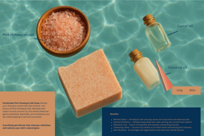 A bar of handmade pink Himalayan salt soap on a blue water-like background, next to a wooden bowl of pink Himalayan salt and small bottles of castor and coconut oil , Handmade Pink Himalayan Salt Soap