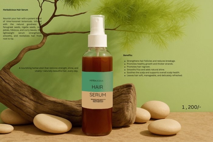 A bottle of Herbalicious Hair Serum resting on a piece of wood, surrounded by smooth stones and green botanicals on a soft green background, Herbalicious Hair Serum
