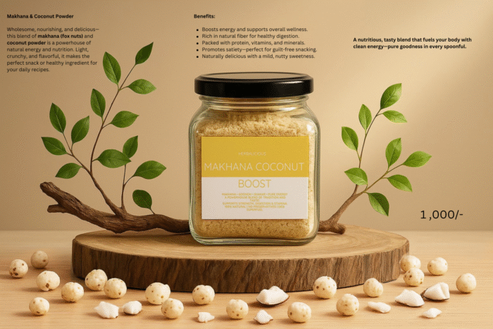 A glass jar of Herbalicious Makhana Coconut Boost powder sitting on a round wooden slab, surrounded by whole makhana (fox nuts), coconut pieces, and a green leafy branch. Makhana & Coconut Powder