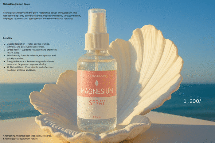 A clear bottle of Herbalicious Magnesium Spray with a pink and white label, resting in a large white seashell against a blue sky and ocean backdrop. Natural Magnesium Spray
