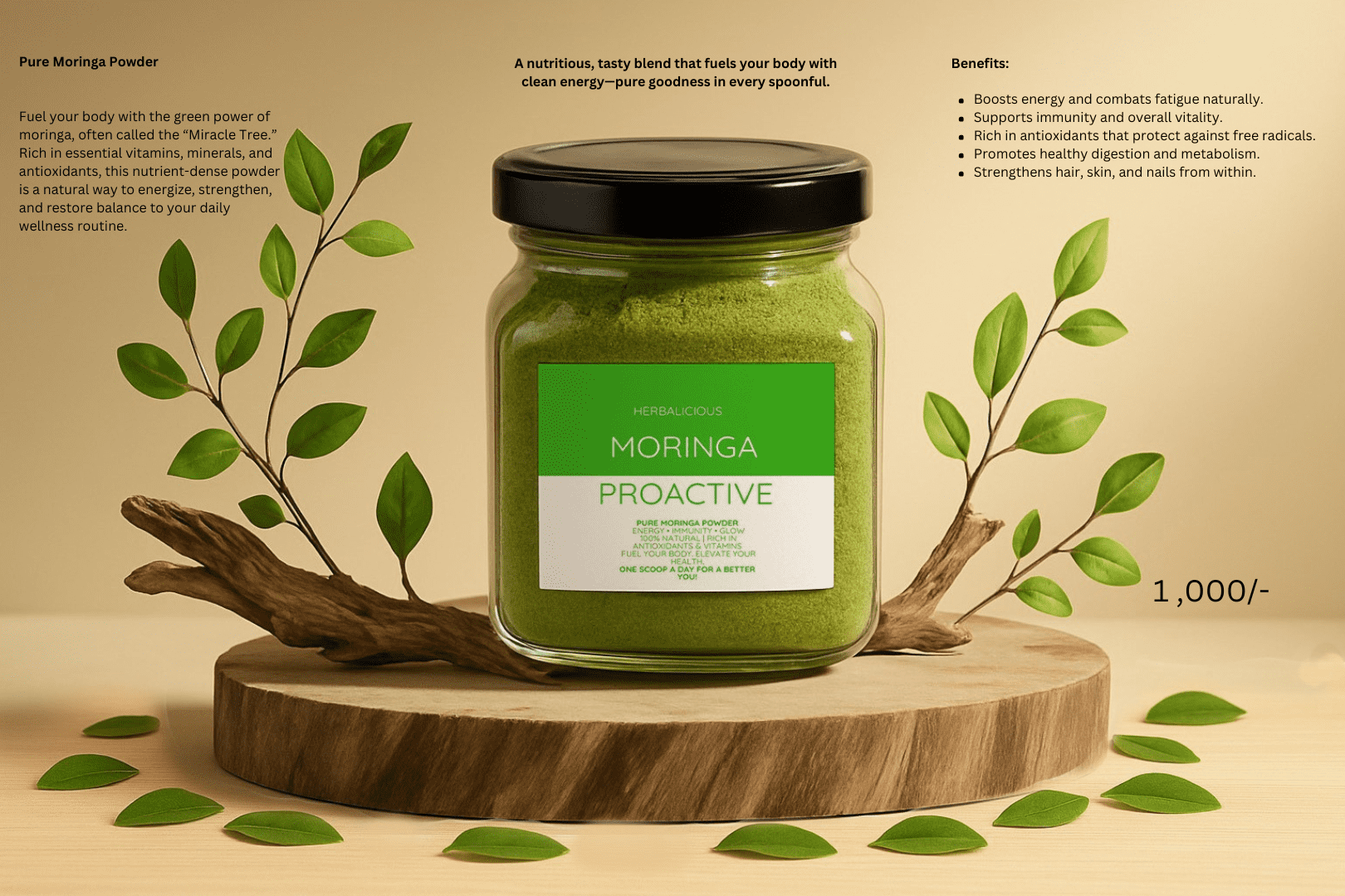 A glass jar of Herbalicious Moringa Proactive powder sitting on a round wooden slab, elegantly arranged with fresh moringa leaves and branches against a warm, neutral background. Herbalicious Pure Moringa Powder